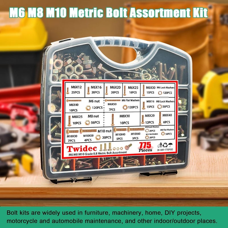 Twidec /775PCS Metric Bolt Assortment,Grade 8.8 Hex Head Nuts and Bolts Assortment Kit, M6/M8/M10(12-60mm) Heavy Duty Bolts and Nuts Kit, Flat & Spring Lock Washer Gold Zinc Plating With Storage Case - Image 5